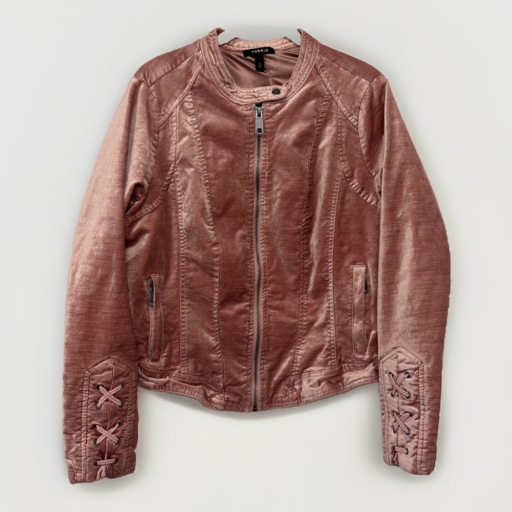 Torrid Women's Pink Velvet Moto Jacket Lattice Tie Sleeves Size 0 / Large